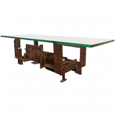 Rectangular coffee table with glass top and iron base